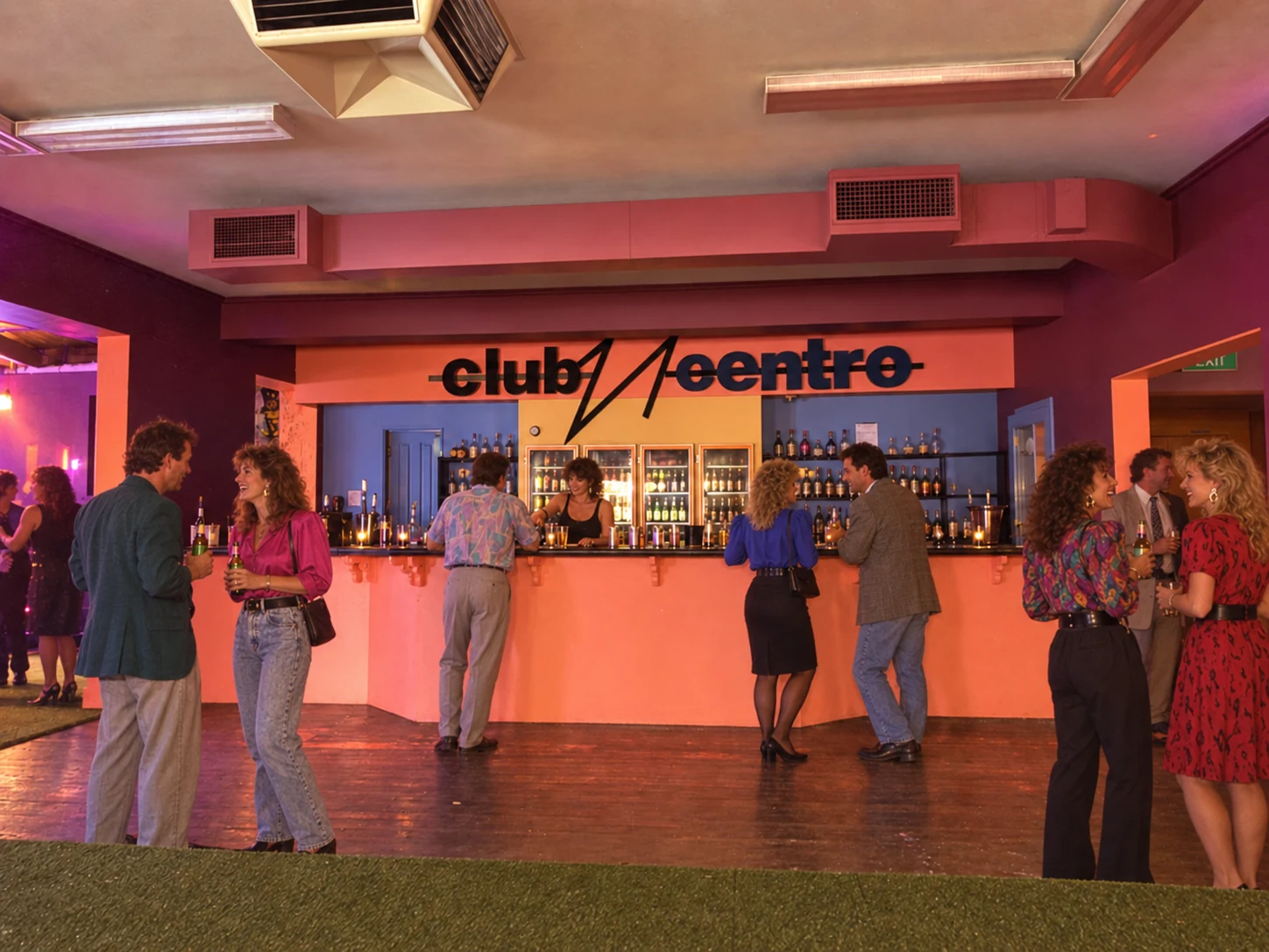 AI-assisted imagined Club Centro bar scene with fictional patrons in 1980s clothing