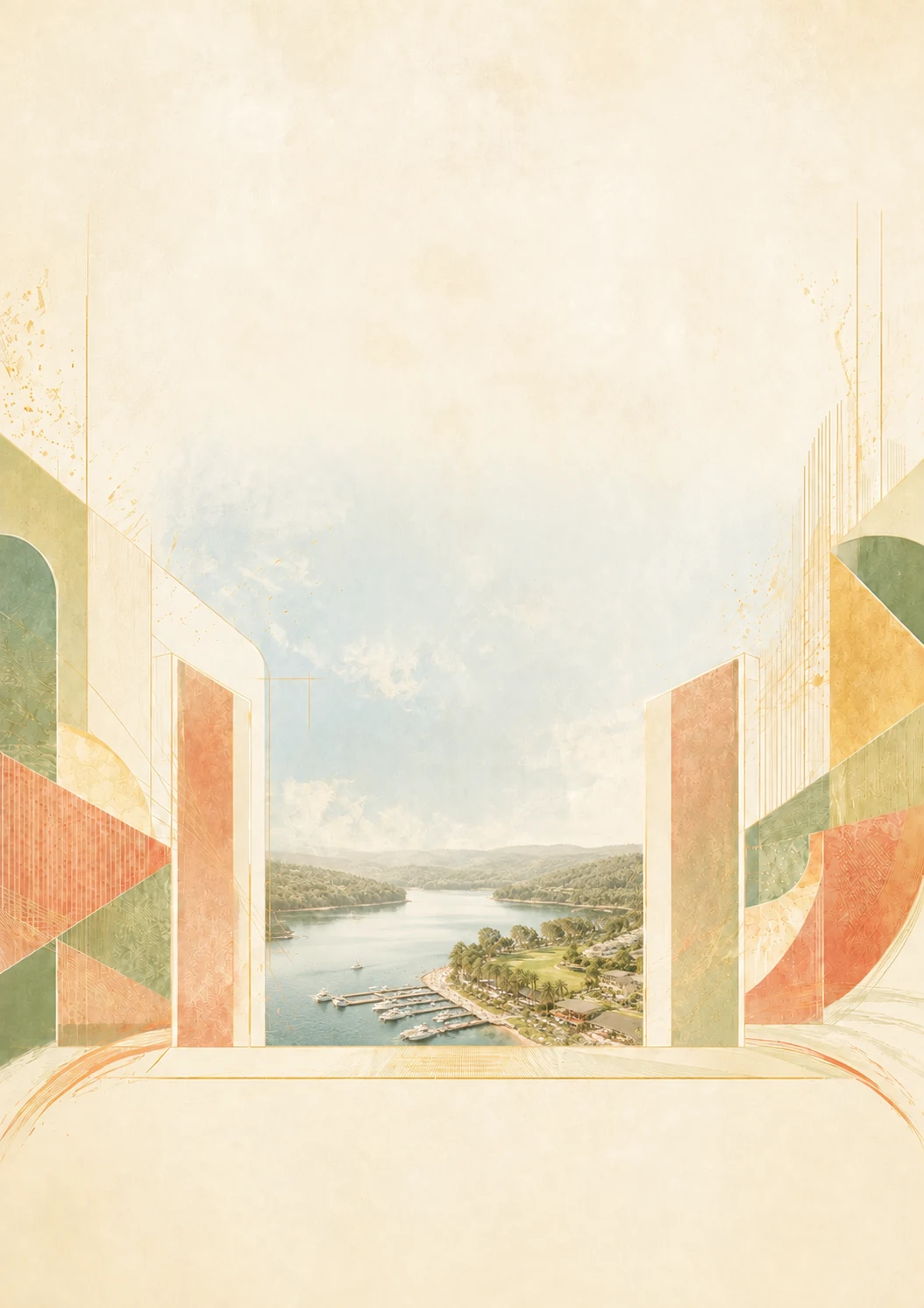 Rendered concept artwork of a bright architectural threshold opening towards a future vision of Lake Narracan