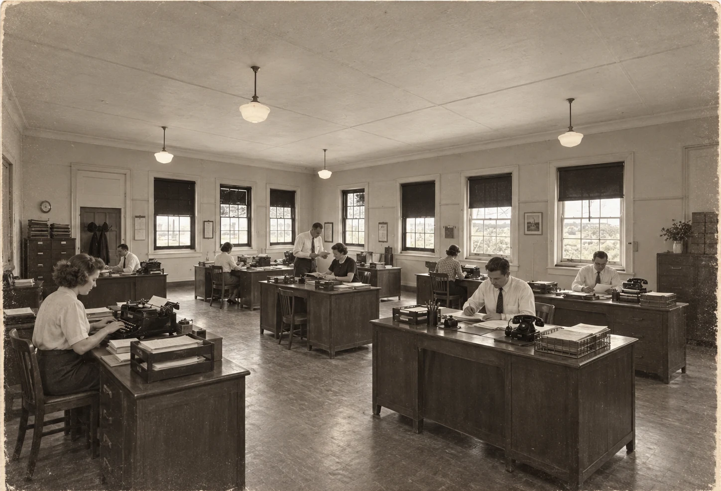 AI-assisted imagined 1950s office with fictional staff and period desks