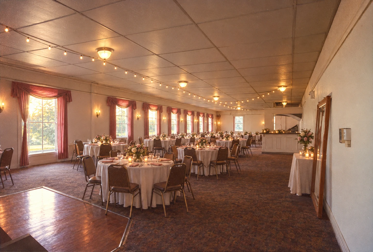 AI-assisted imagined wedding reception room with interpretive tables and furnishings