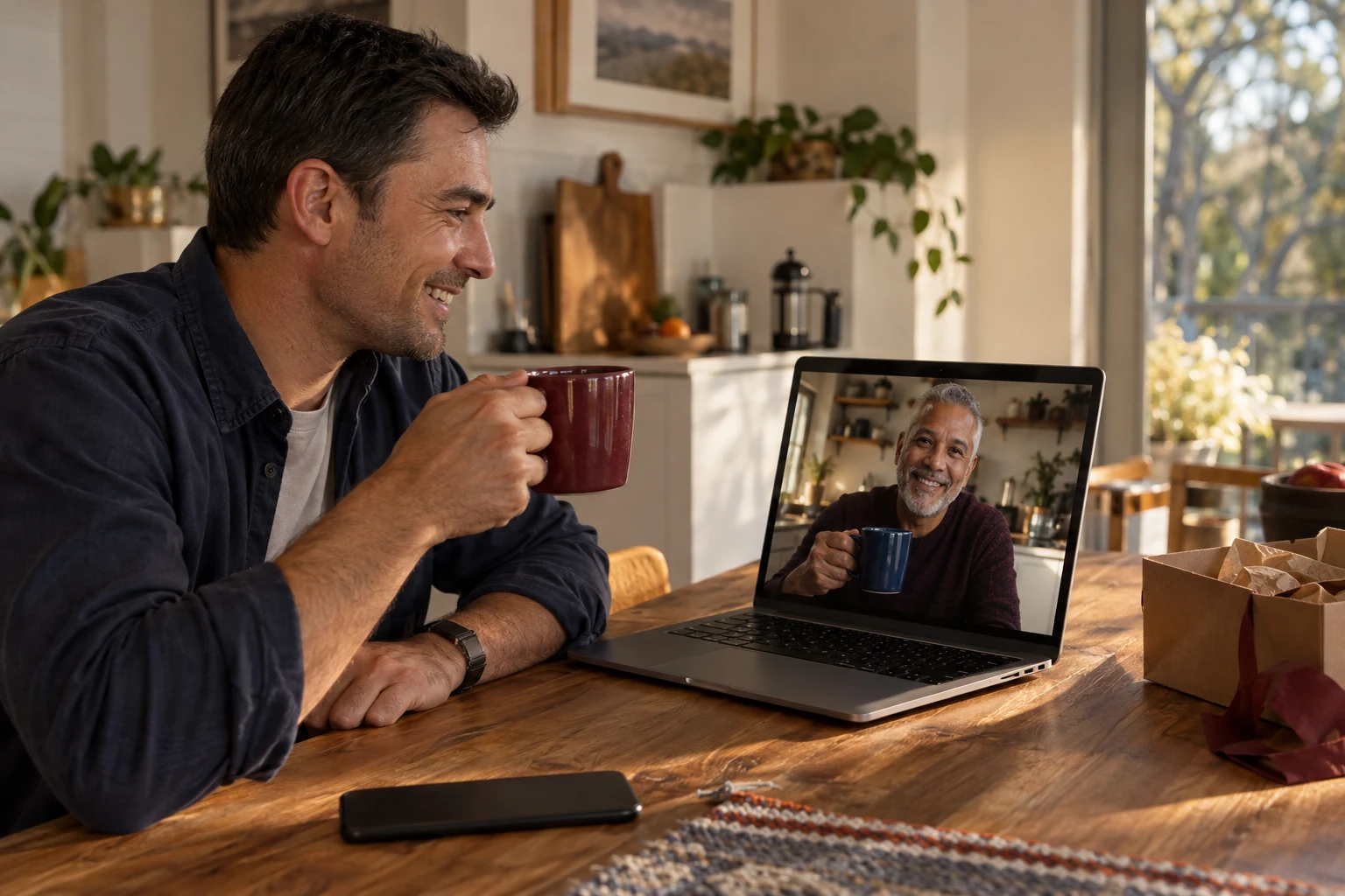A man has coffee while speaking with his mate on a laptop video call.
