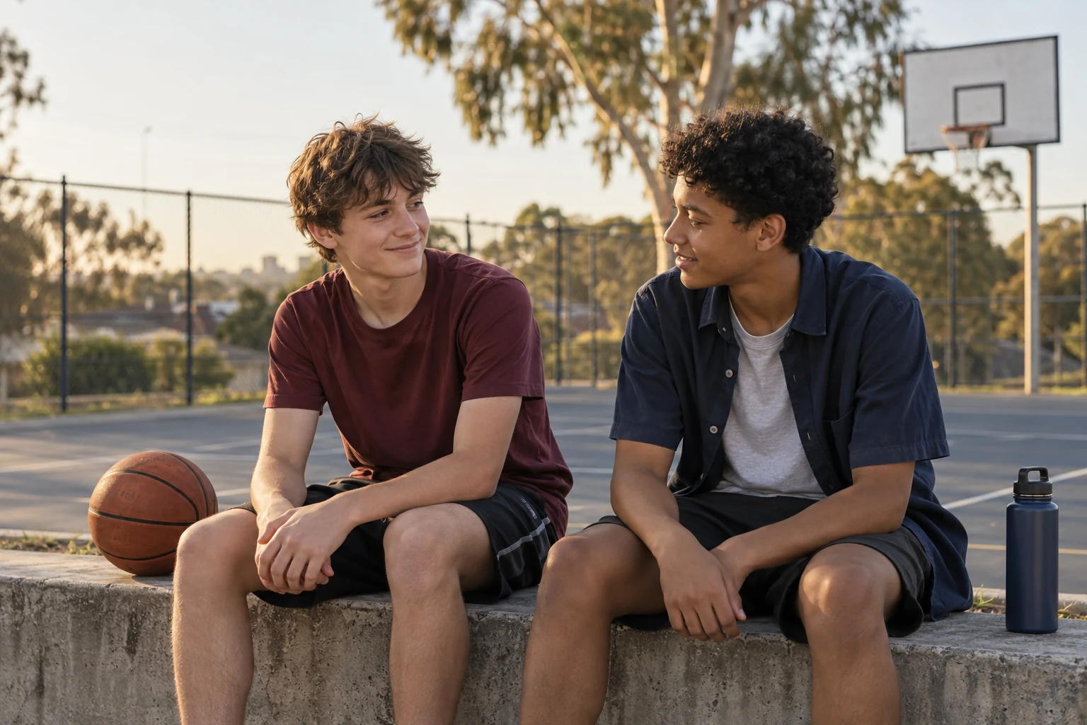 Two teenage mates sit beside a basketball court with a basketball and water bottle.