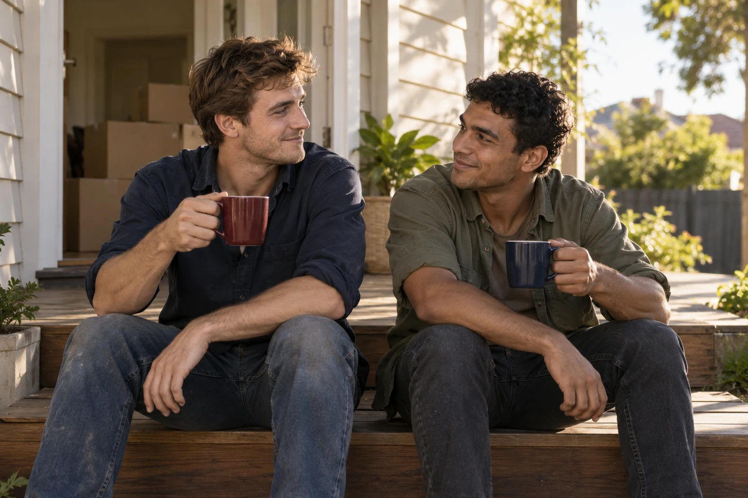 Two young adult mates sit with coffee outside a house.