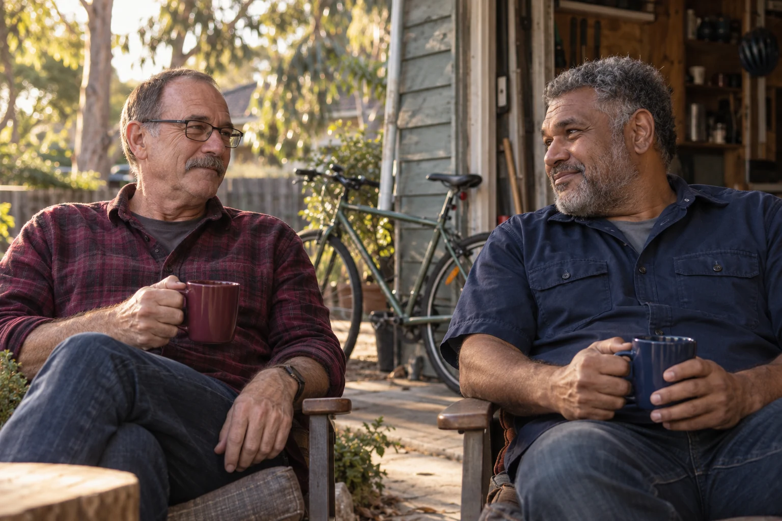 Two older mates sit outside with coffee beside a bicycle.