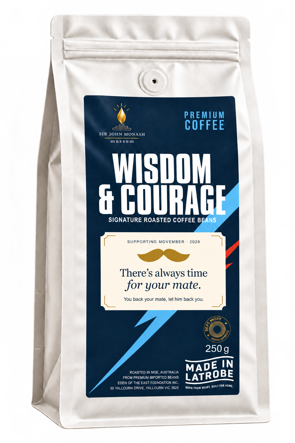 Wisdom & Courage Sir John Monash Museum Coffee bag in the Movember design.