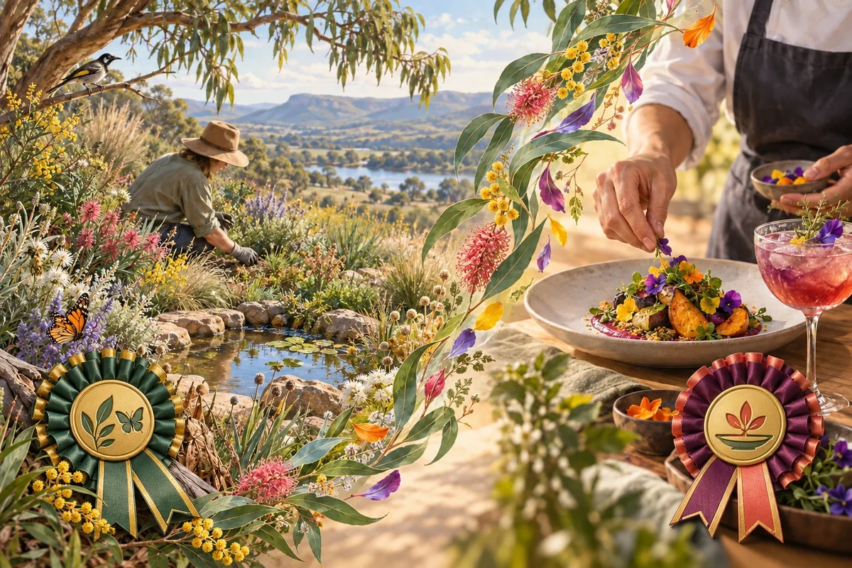 A habitat gardener and botanical food presentation are joined by flowering foliage, with a green leaf-and-butterfly Award rosette and a plum petal-and-plate Award rosette in the foreground.