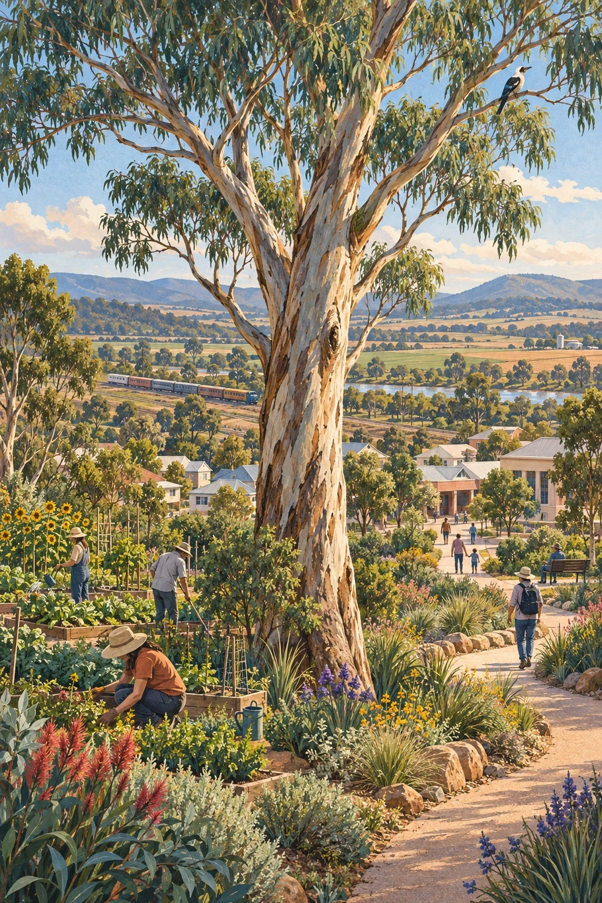 Tall eucalyptus above people tending gardens and moving through an illustrated regional town, with farmland and rail beyond.