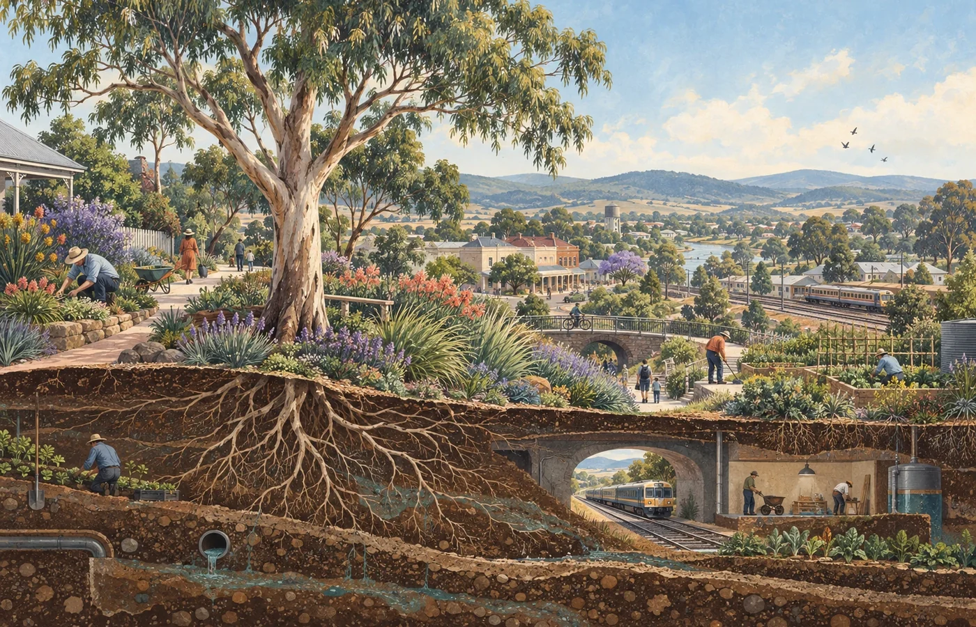 Cutaway illustration of a mature tree and garden above people tending soil, maintaining paths and moving through a regional town connected with homes, civic buildings, farmland and rail.