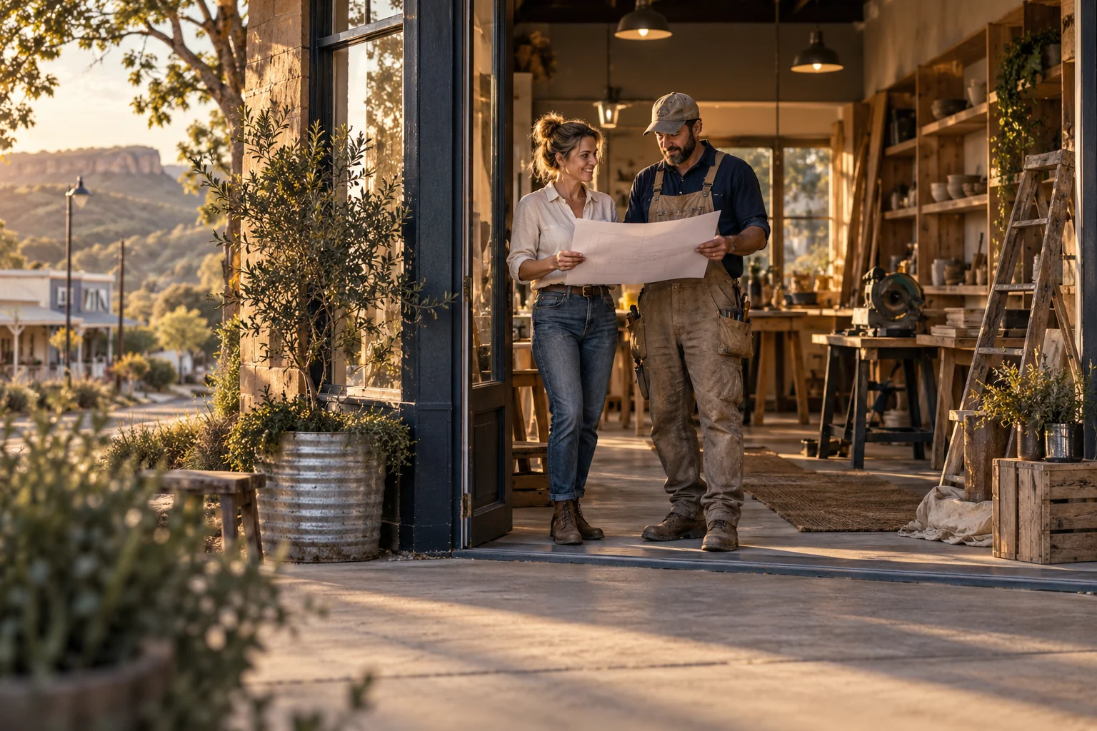 Illustration of a shop owner and craftsperson reviewing plans while fitting out a shop.