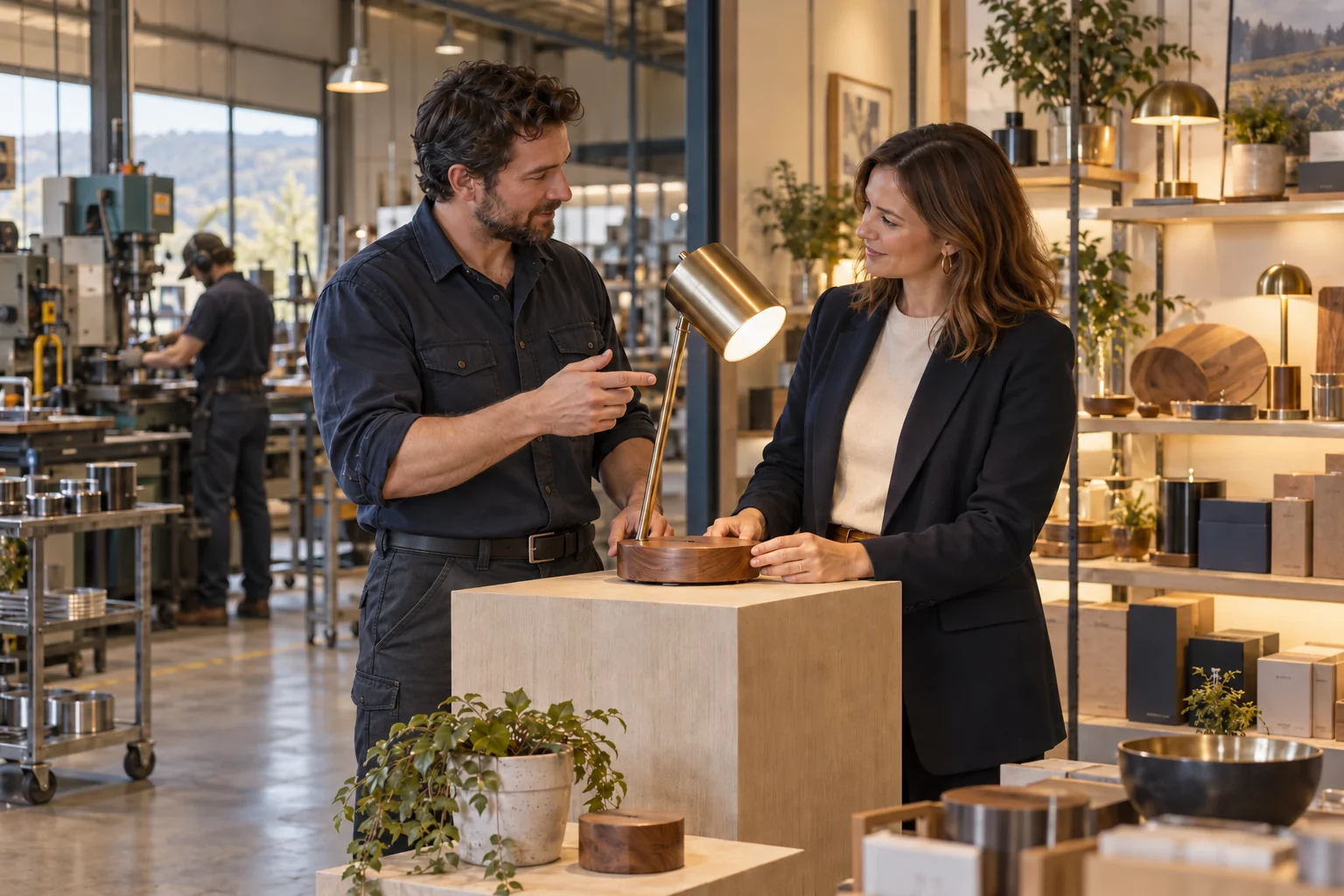 Illustration of a manufacturer and retailer examining a finished lamp, with production equipment and retail shelving behind them.