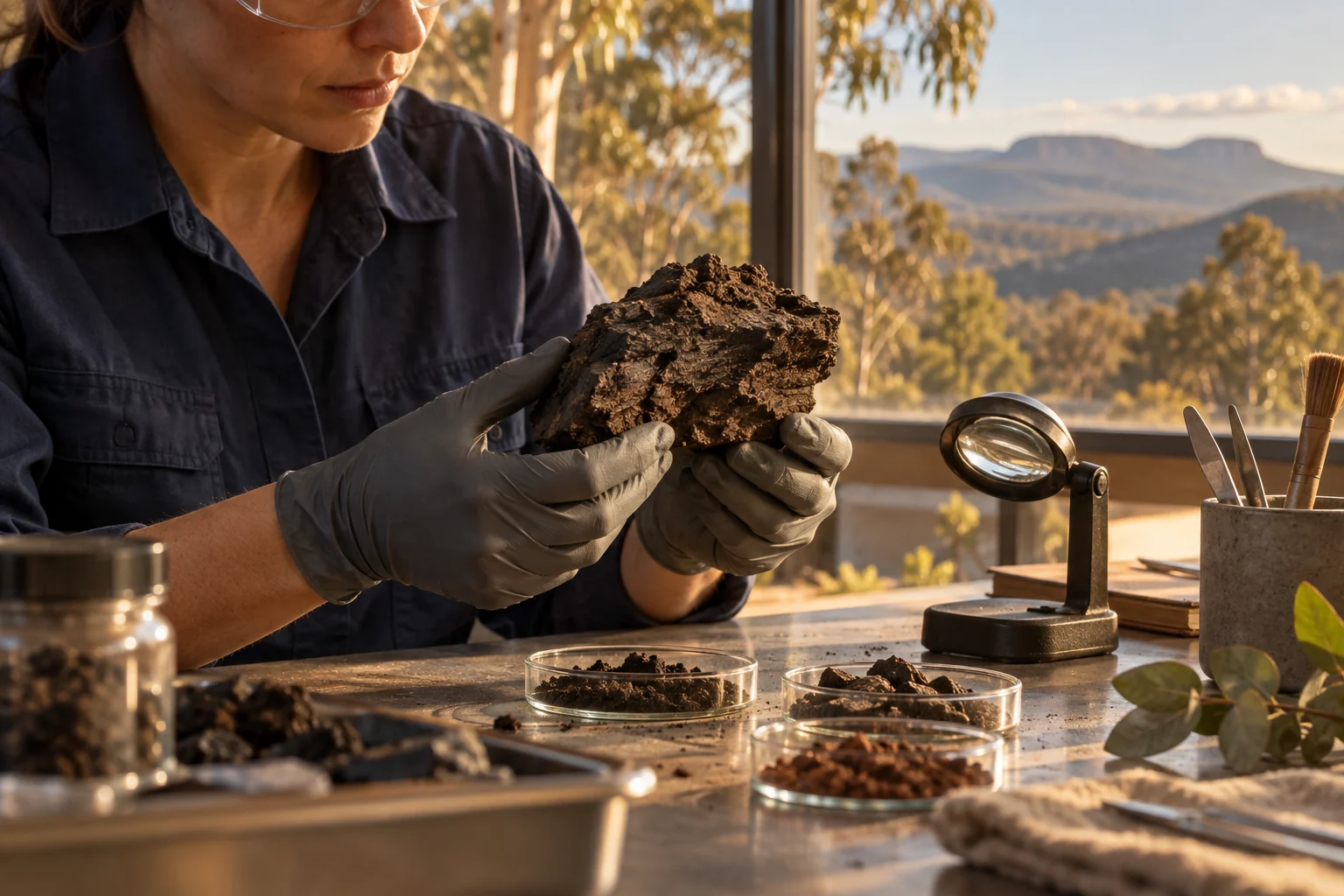 Illustrative scene of a researcher examining a brown-coal sample at a workbench.
