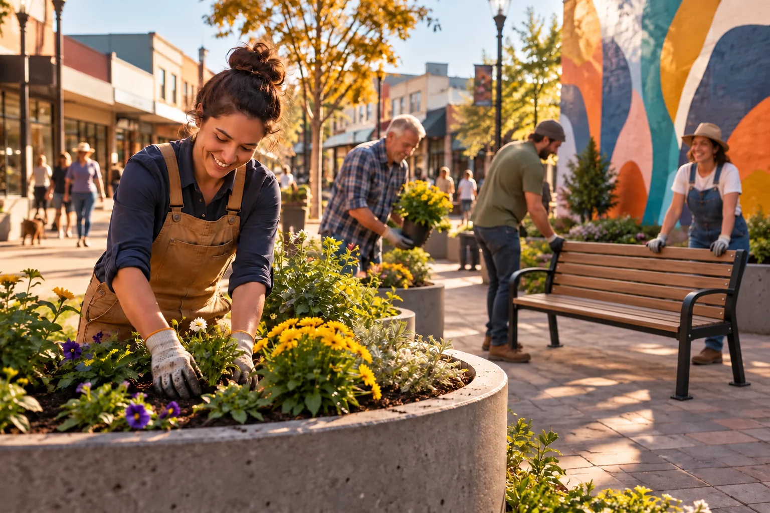 Illustration of residents caring for a public streetscape beside a timber bench with a reclining backrest and metal supports.