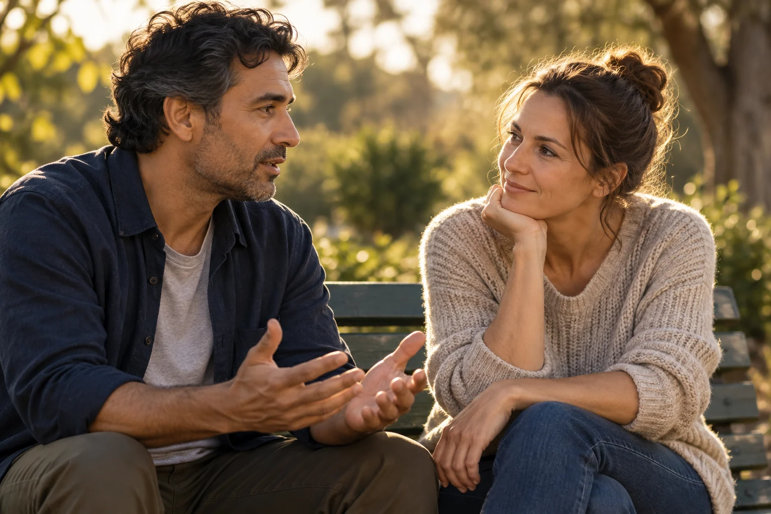 Illustration of two adults on a park bench, one speaking and the other listening attentively.