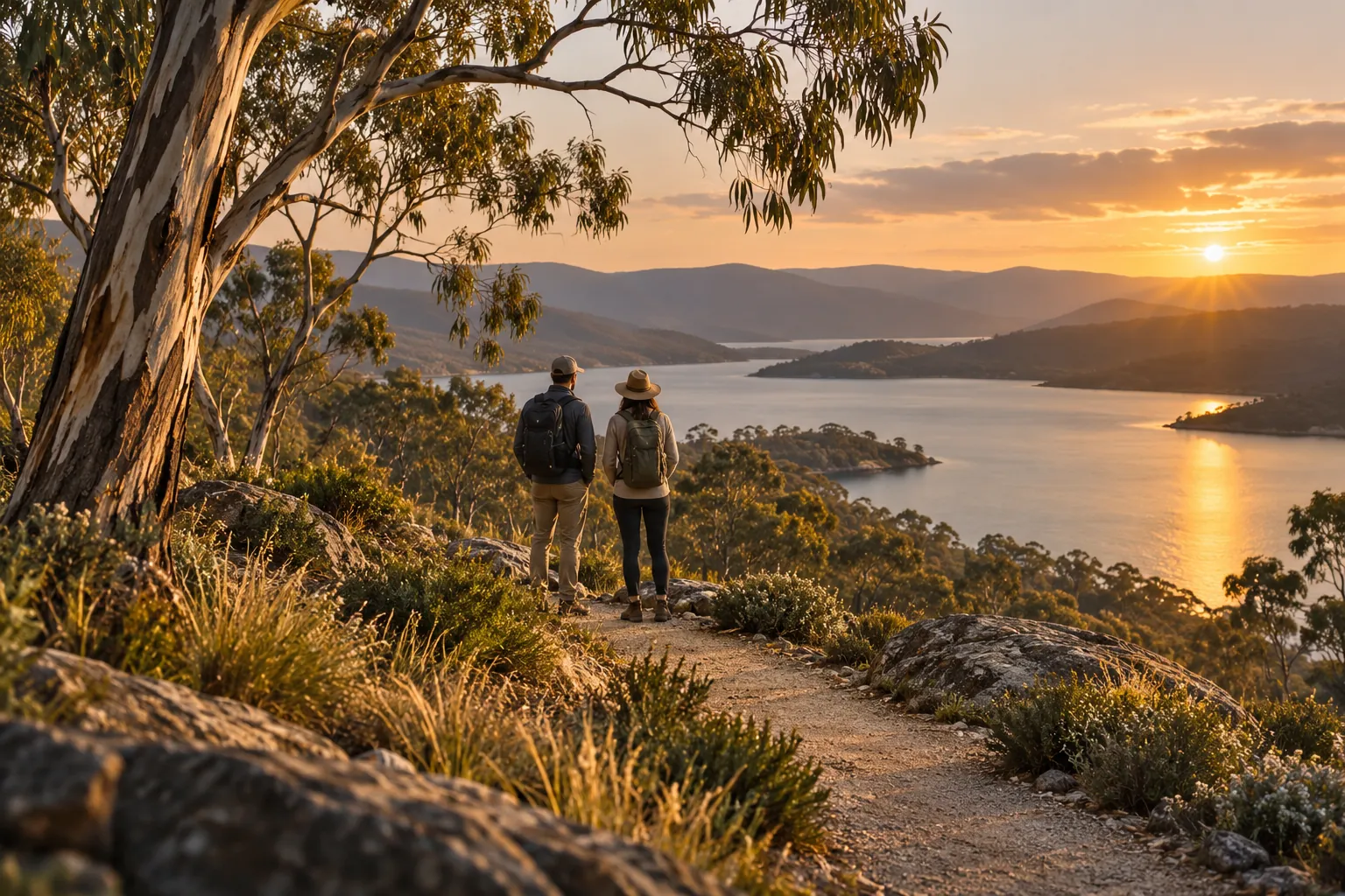 Illustrative scene of two travellers looking across water and eucalyptus hills.