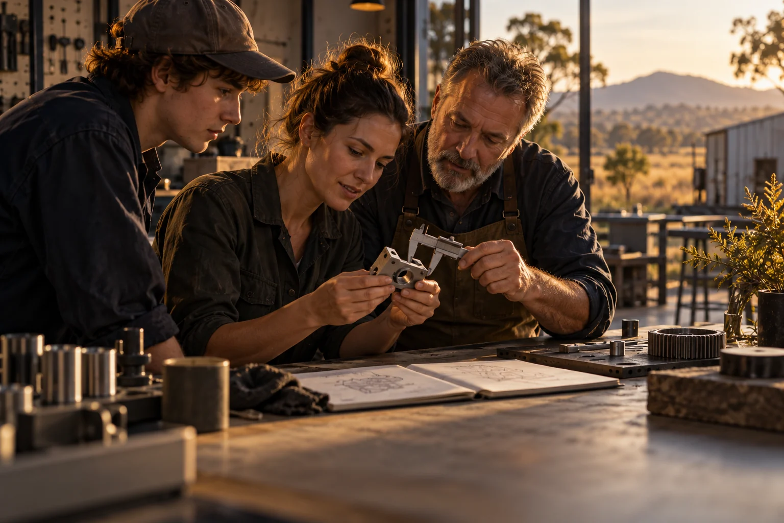 Illustration of a mentor, entrepreneur and apprentice testing a mechanical prototype.