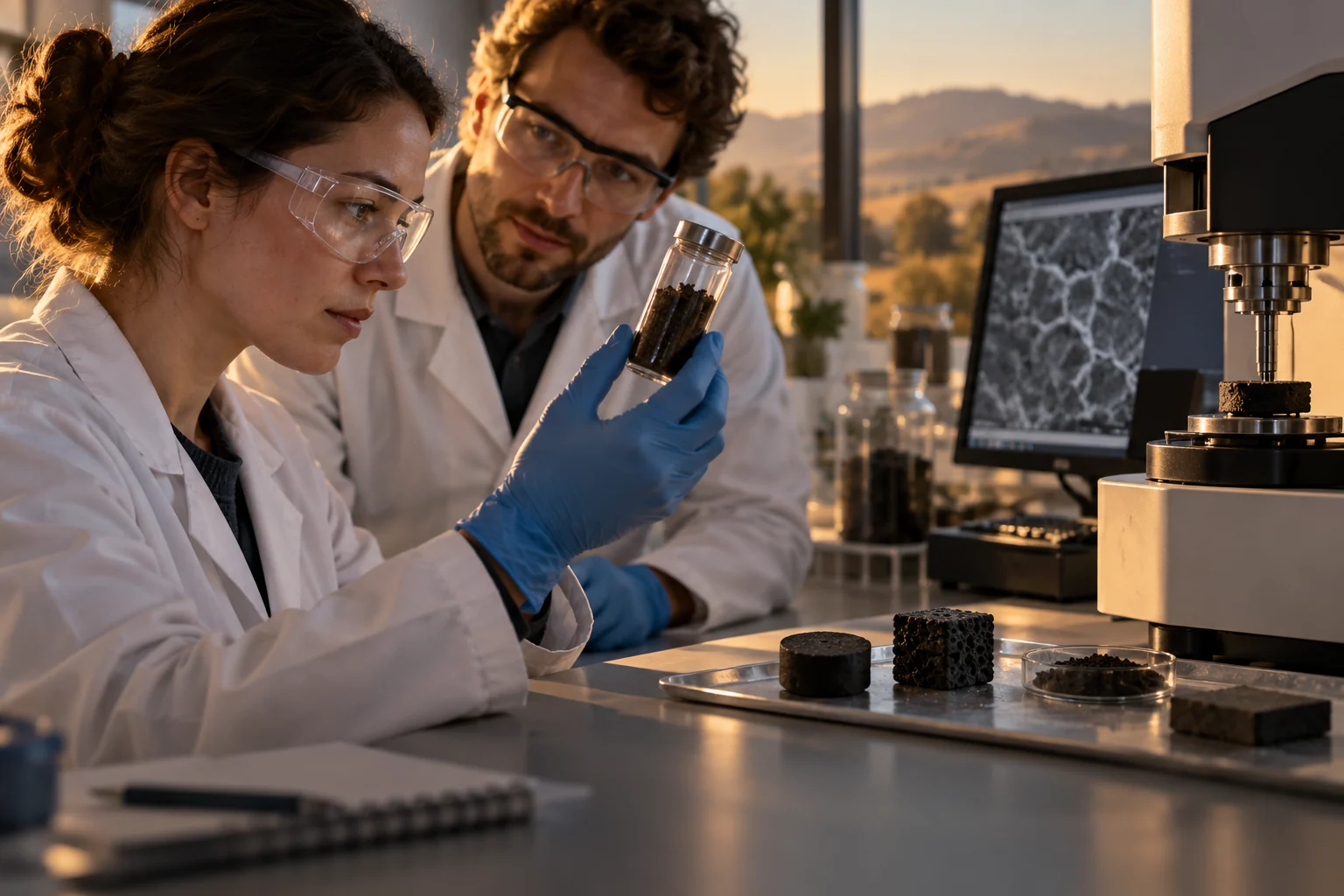 Illustration of researchers examining a brown-coal sample beside materials-testing equipment.