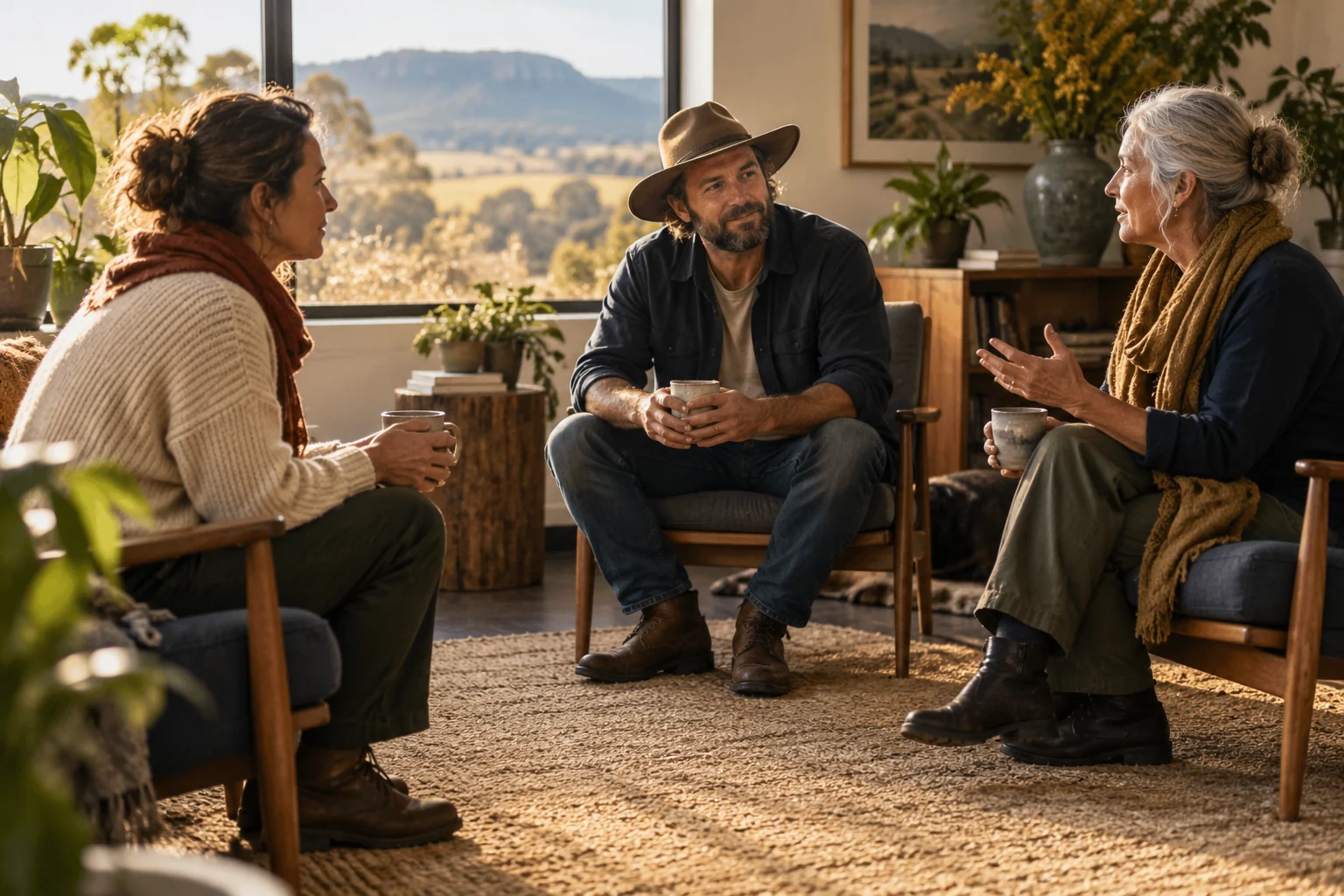 Illustration of three adults listening and sharing in a peer conversation.