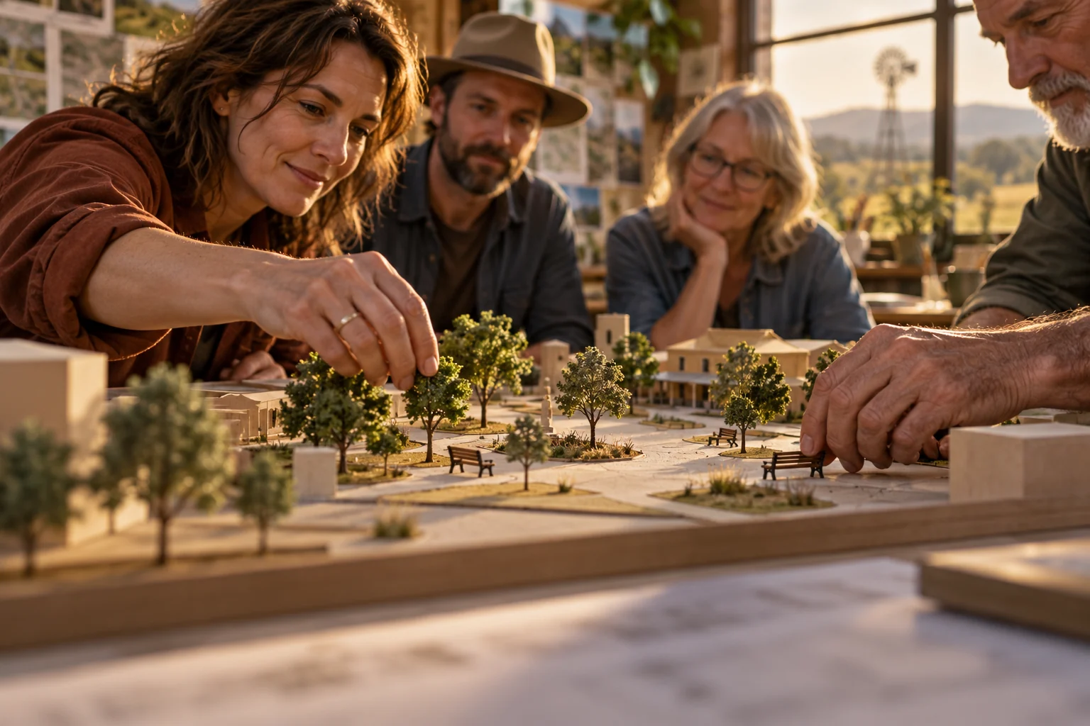 Illustration of residents arranging trees and benches on a model of a public square.