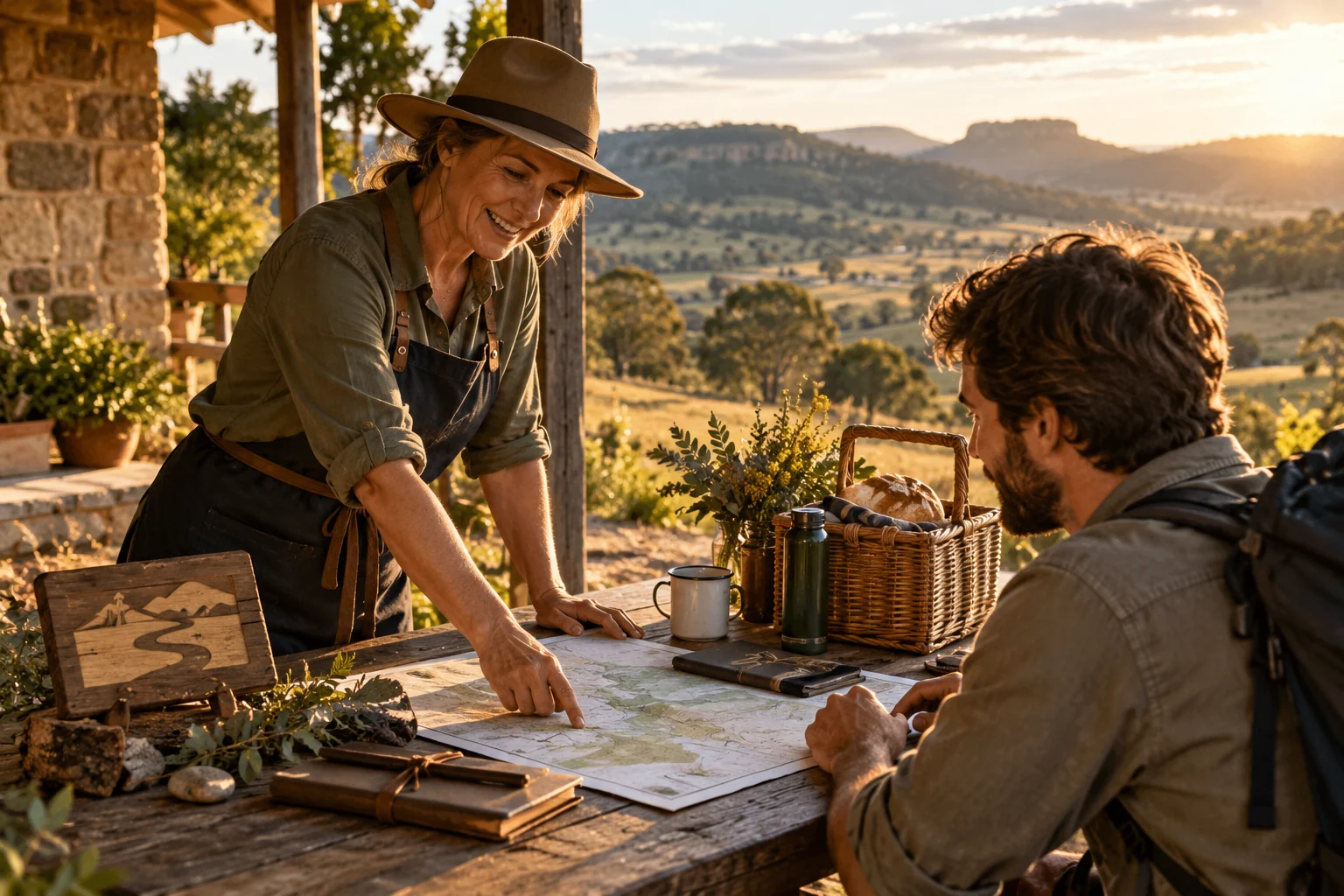 Illustration of two people preparing maps and supplies for a regional visitor experience.
