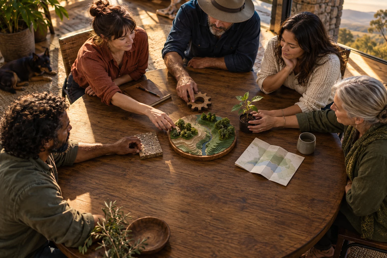 Illustration of a group arranging objects and a landscape model into a shared regional plan.