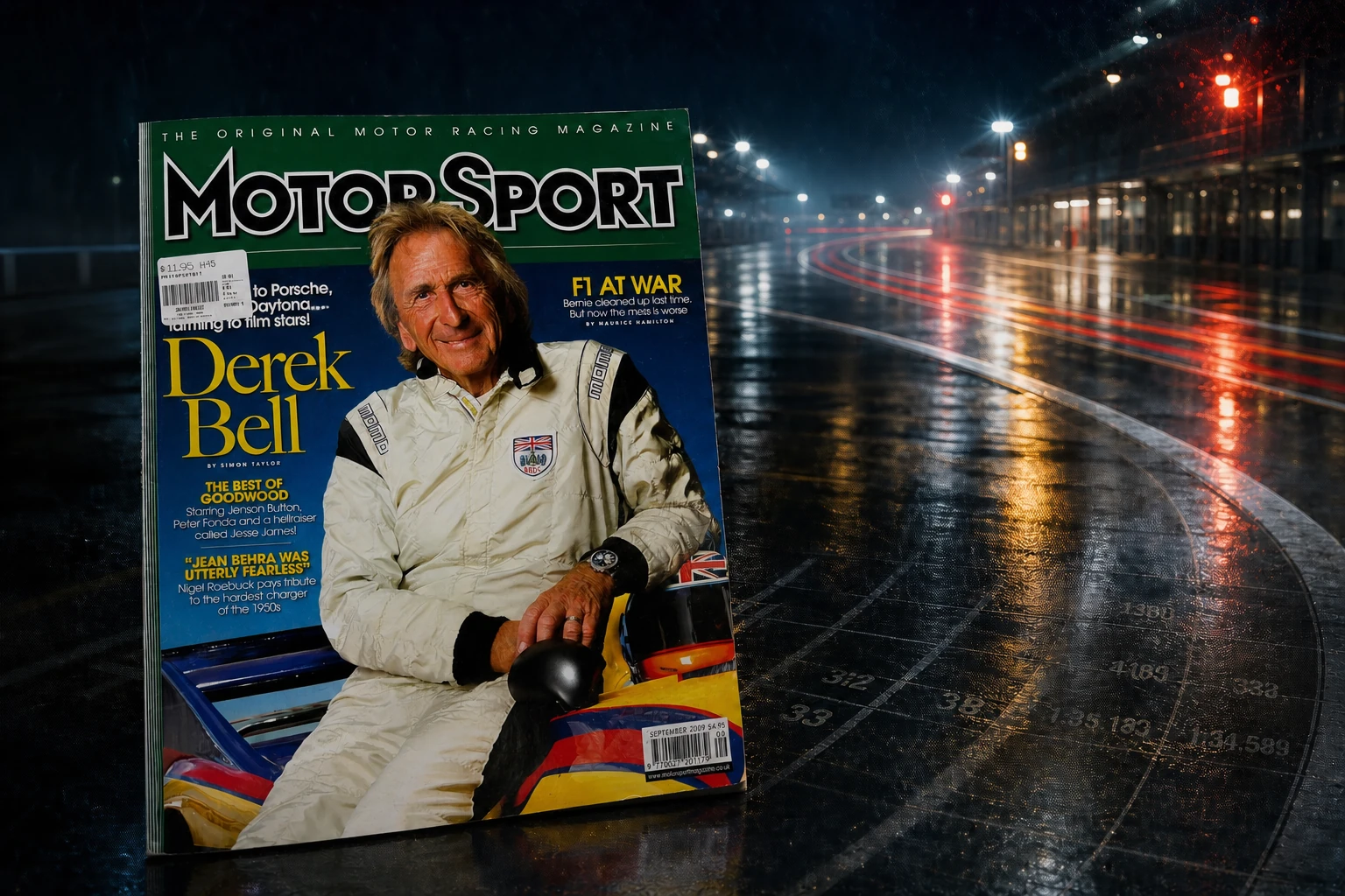 The September 2009 Motor Sport magazine with Derek Bell on its cover, set beside a rain-lit endurance circuit sweeping into the night.
