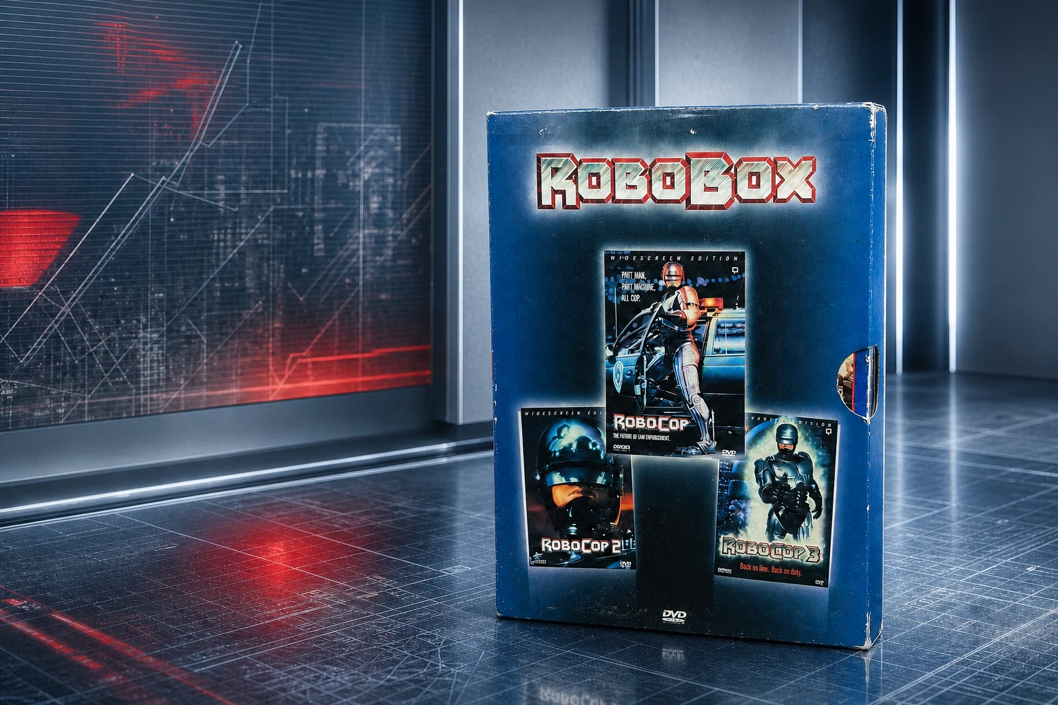 A worn blue RoboCop trilogy DVD package stands against a bright steel-blue design environment with abstract grids and restrained red light.