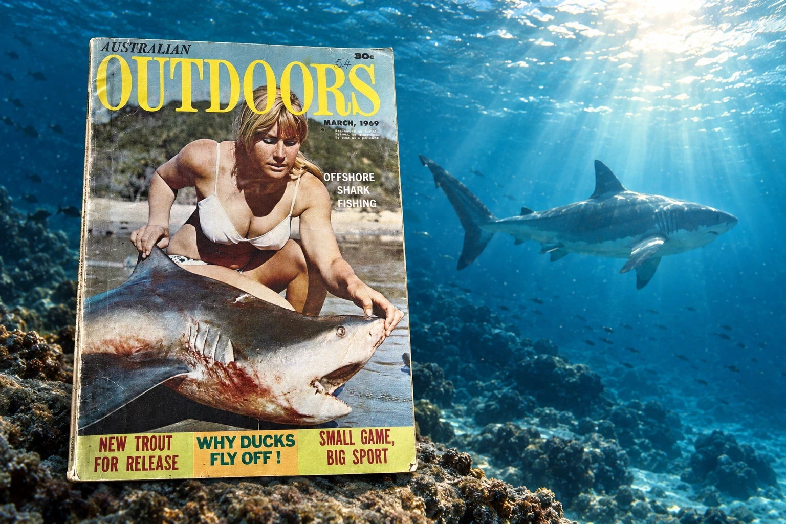 A worn March 1969 Australian Outdoors magazine stands prominently against luminous blue water as a living shark swims towards sunlight in the distance.
