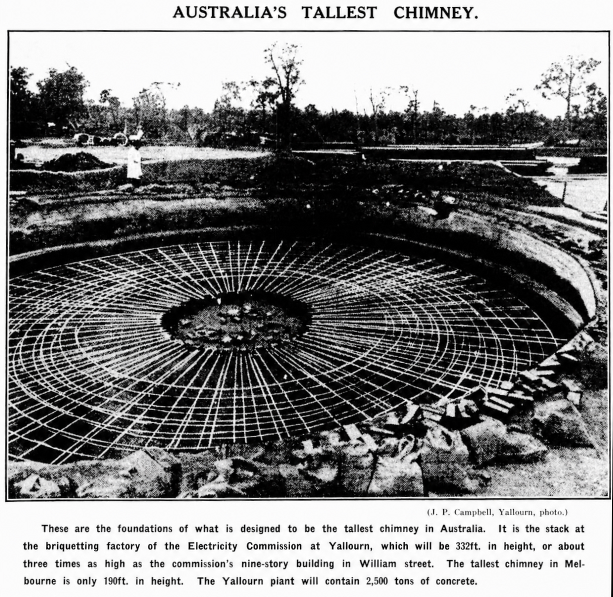 Complete restored 1923 newspaper clipping headed Australia’s Tallest Chimney, with a photograph of the circular reinforcing-steel foundation, the photographer credit and the printed caption visible below.