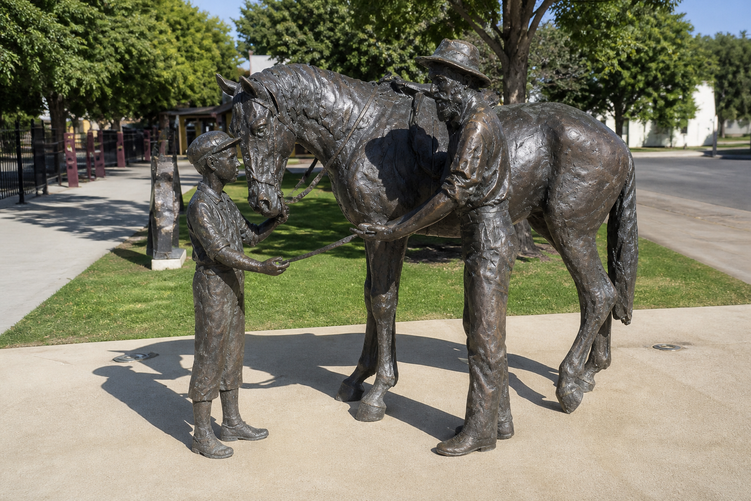 Realistic interpretation of the bronze sculpture showing a boy at a horse's head and a bearded man in a brimmed hat standing on the other side in a small park.