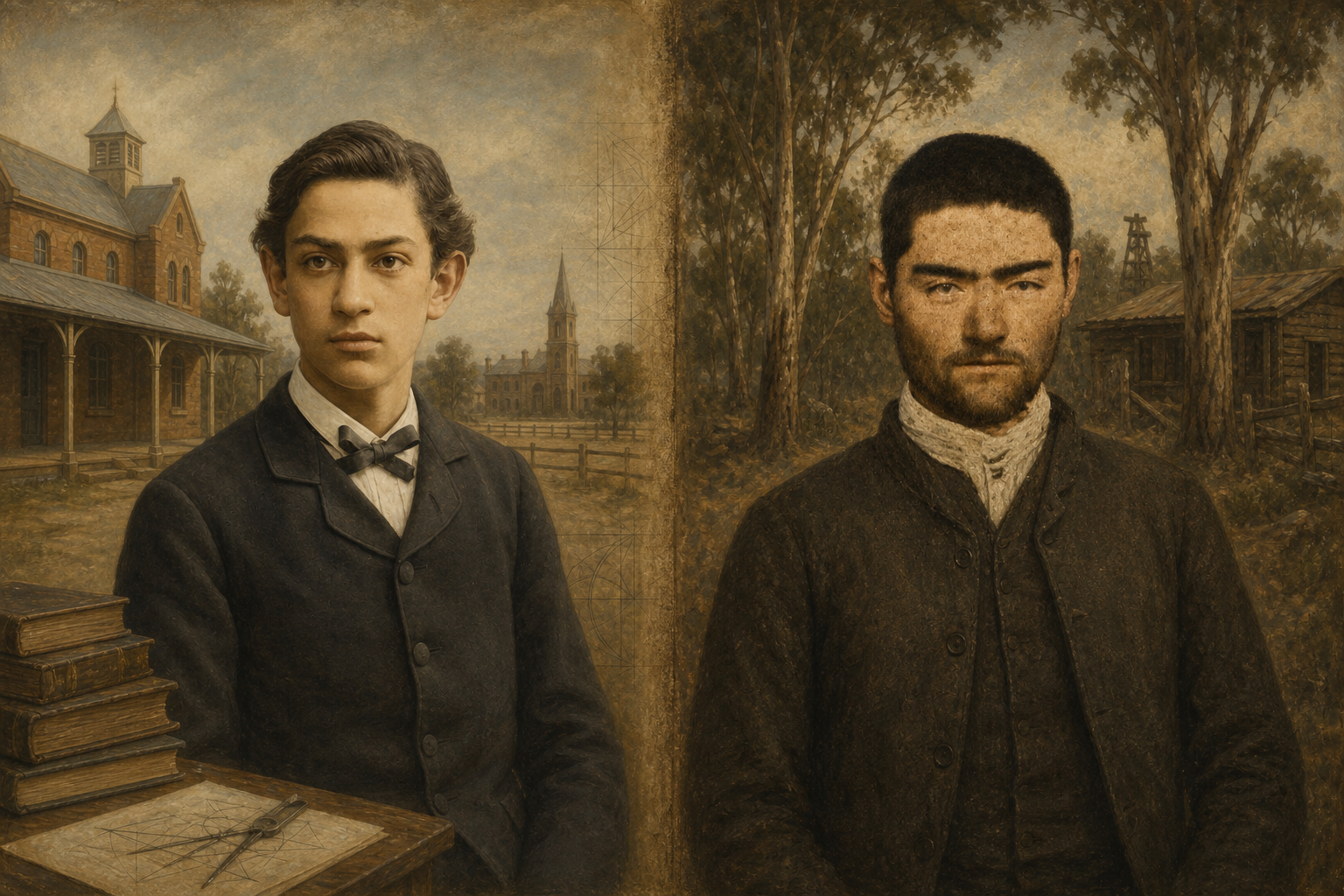 Painterly historical homage showing young John Monash in a school and township setting beside a bareheaded Ned Kelly in a separate eucalyptus bush setting.