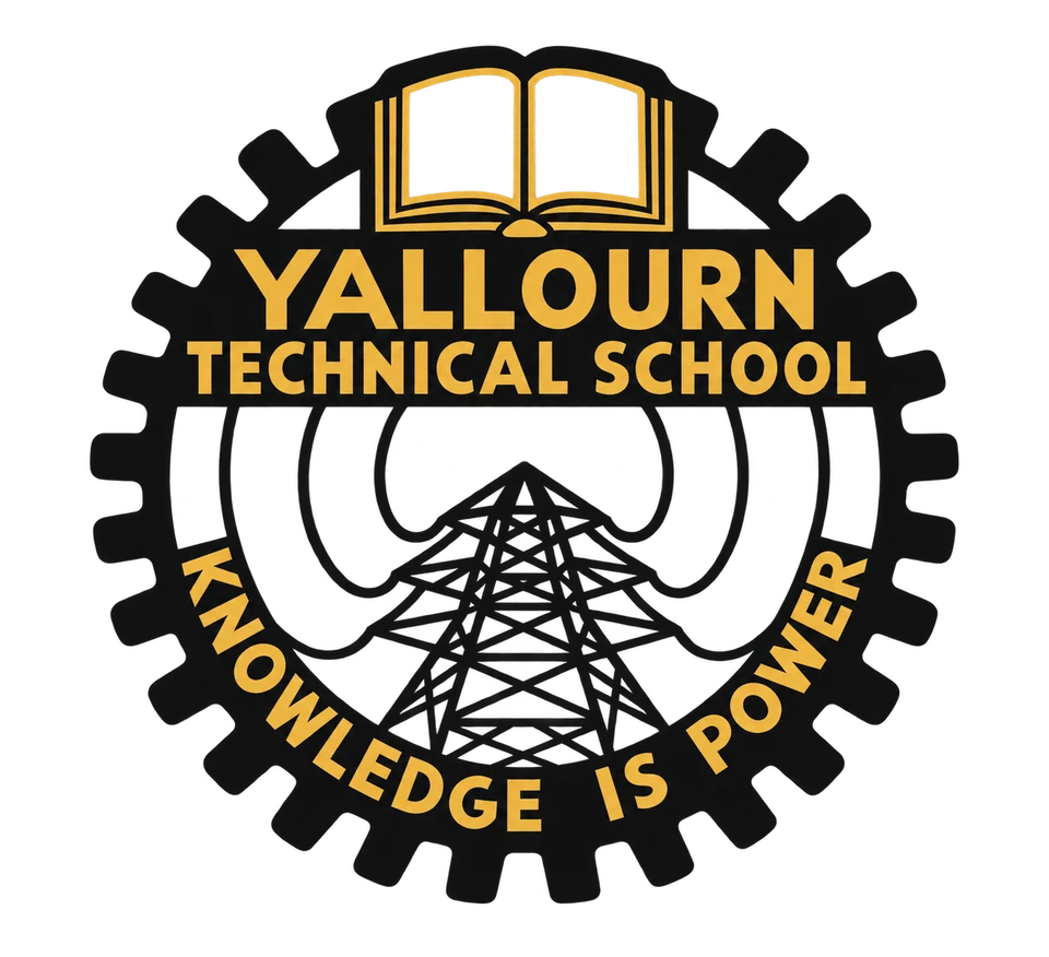 Dark charcoal and gold Yallourn Technical School emblem with a cog, open book, transmission tower and the words Knowledge Is Power.