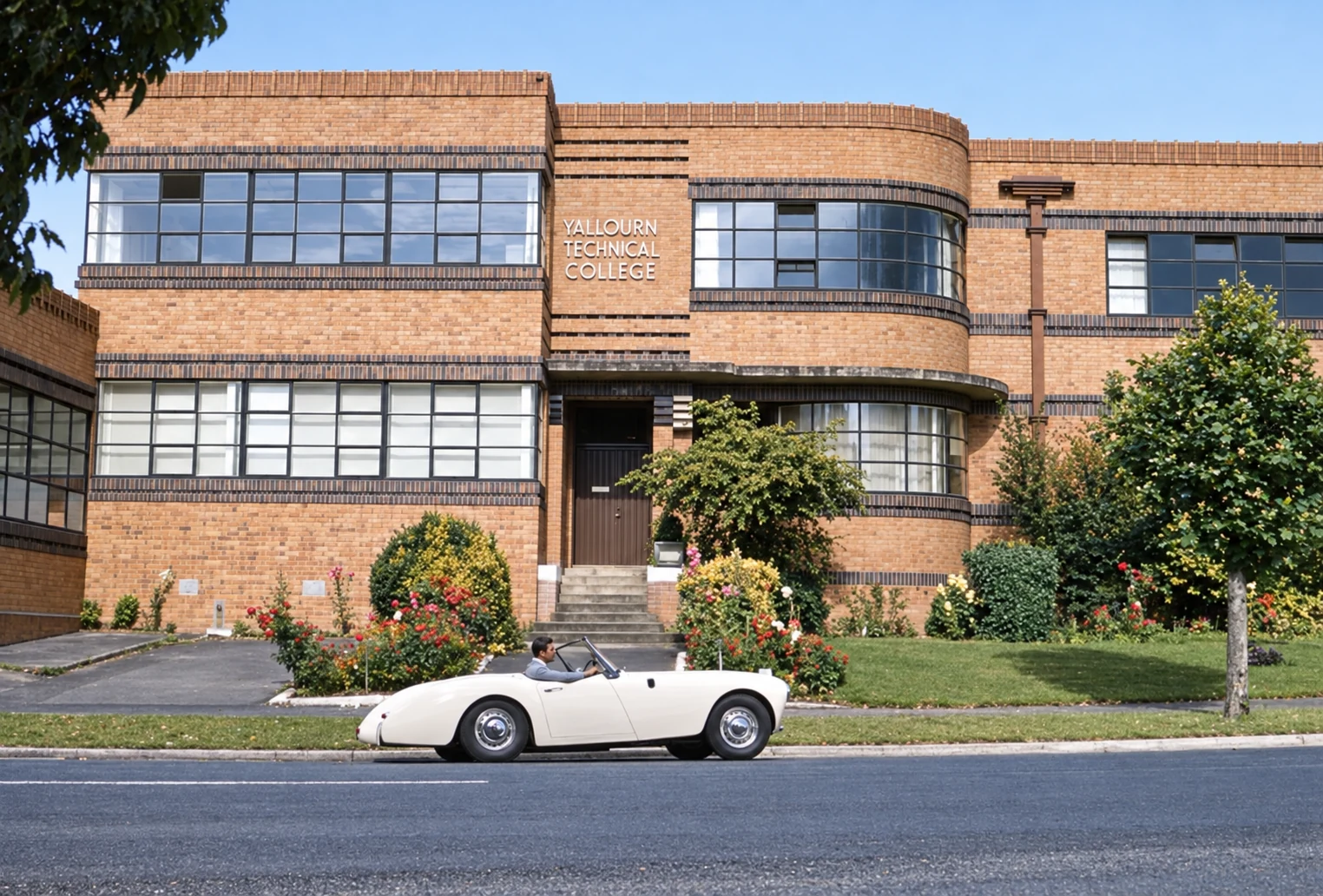 Restored colour view of the brick Yallourn Technical College building, with a white open-top sports car parked in front.