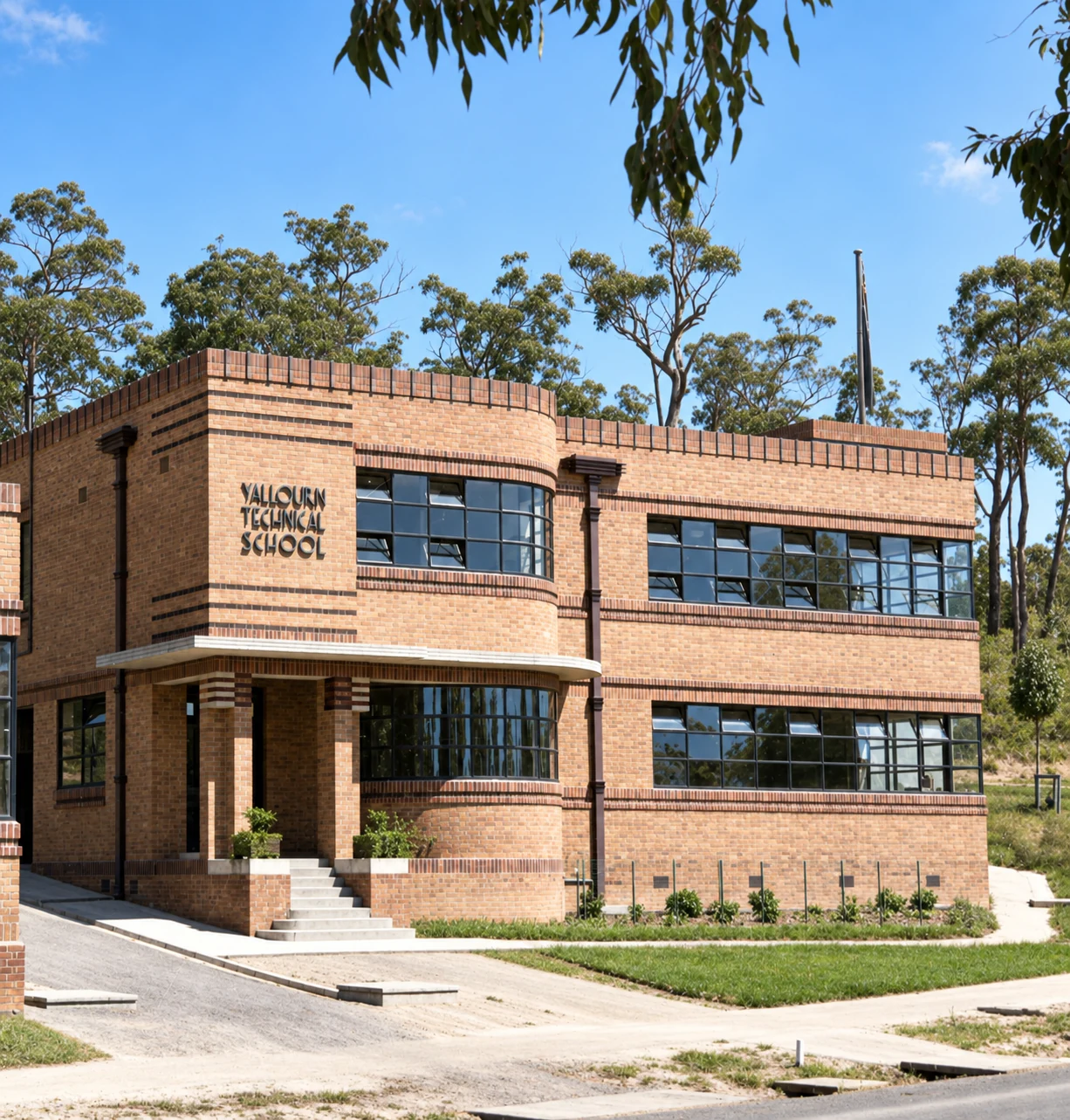 Restored colour view of the brick Yallourn Technical School building, with its name mounted beside a curved bank of windows.