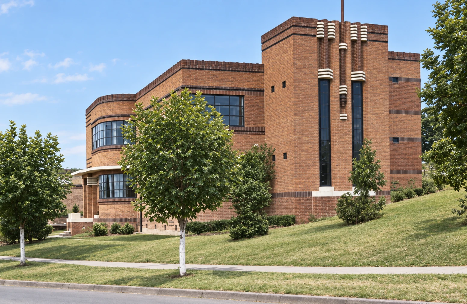 Restored colour view of Yallourn’s brick Technical School on a sloping site.