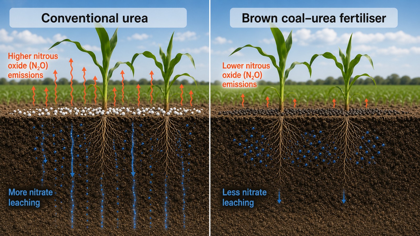 Side-by-side explanatory illustration comparing conventional urea with brown coal–urea fertiliser. The conventional-urea side shows larger nitrous oxide and ammonia losses to the atmosphere and more nitrogen leaching, while the brown coal–urea side shows smaller losses and more nitrogen retained for plant uptake.
