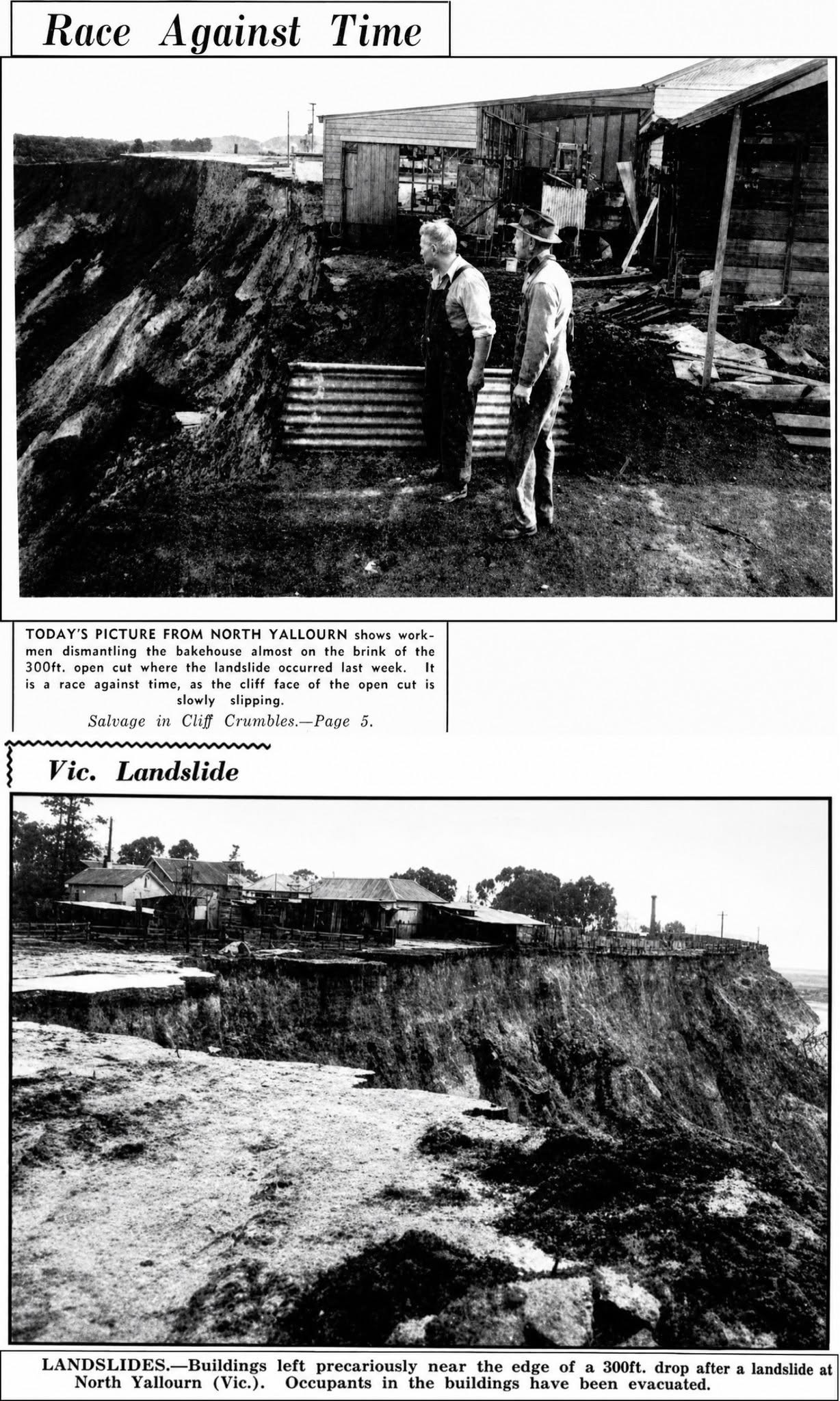 Vertical historical composition of North Yallourn homes and businesses beside the open cut.