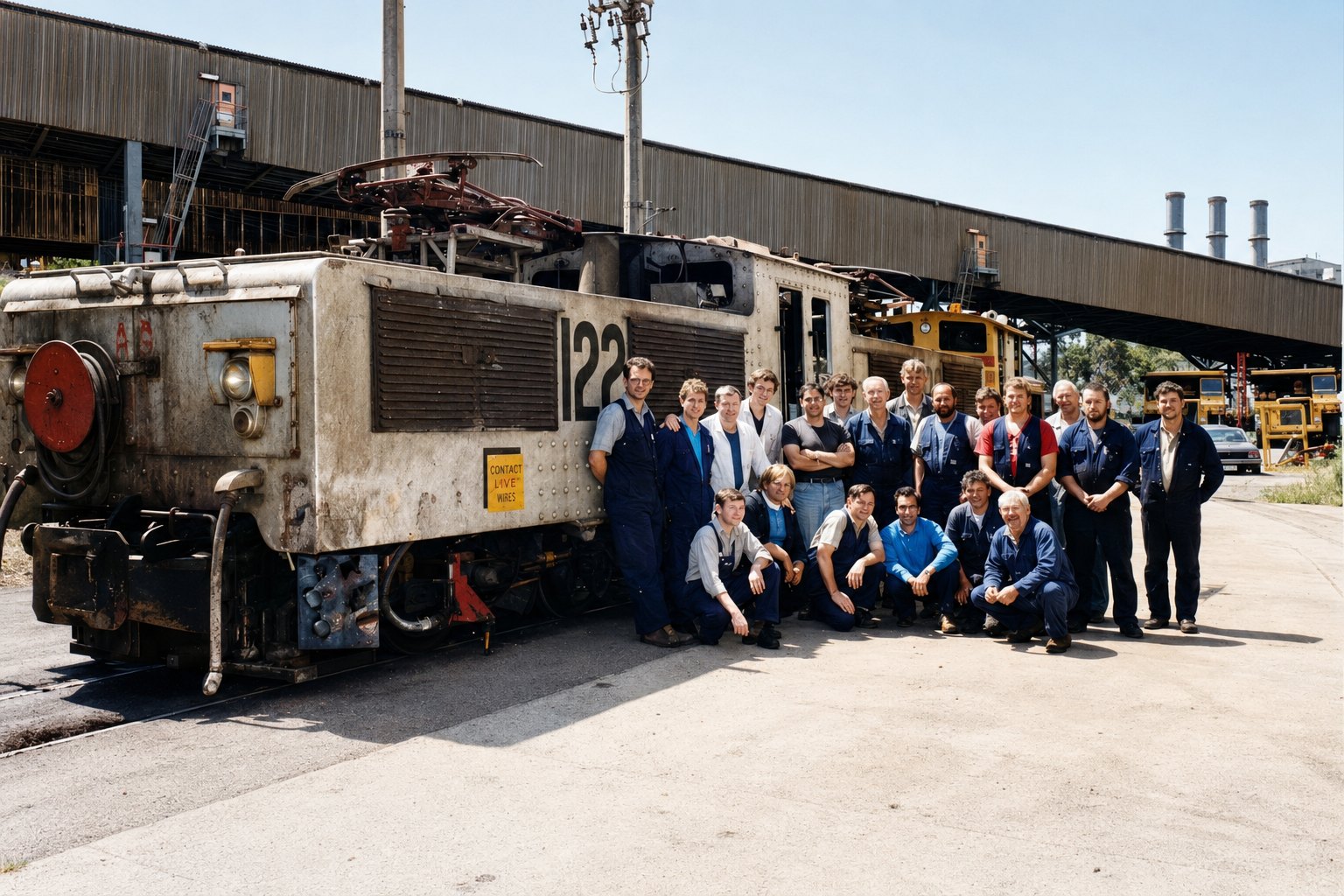 Workshop employees gathered beside weathered electric locomotive No. 122 at Yallourn before its facelift.