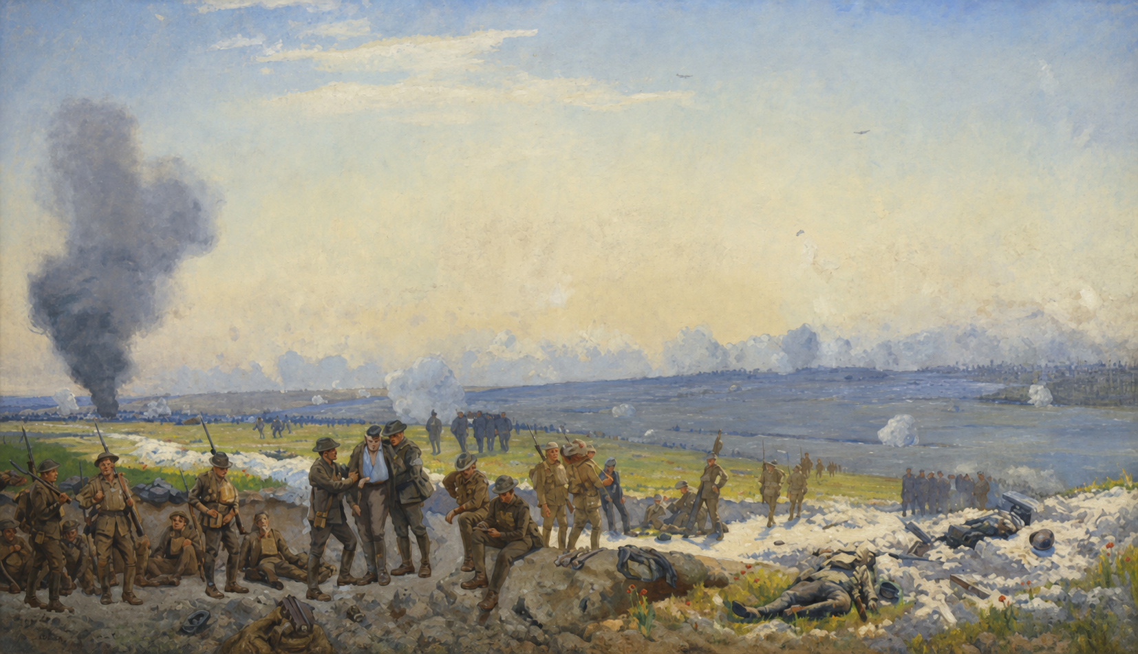 George Bell's panoramic painting shows soldiers and wounded men across the Hamel battlefield, with smoke and an aircraft overhead.
