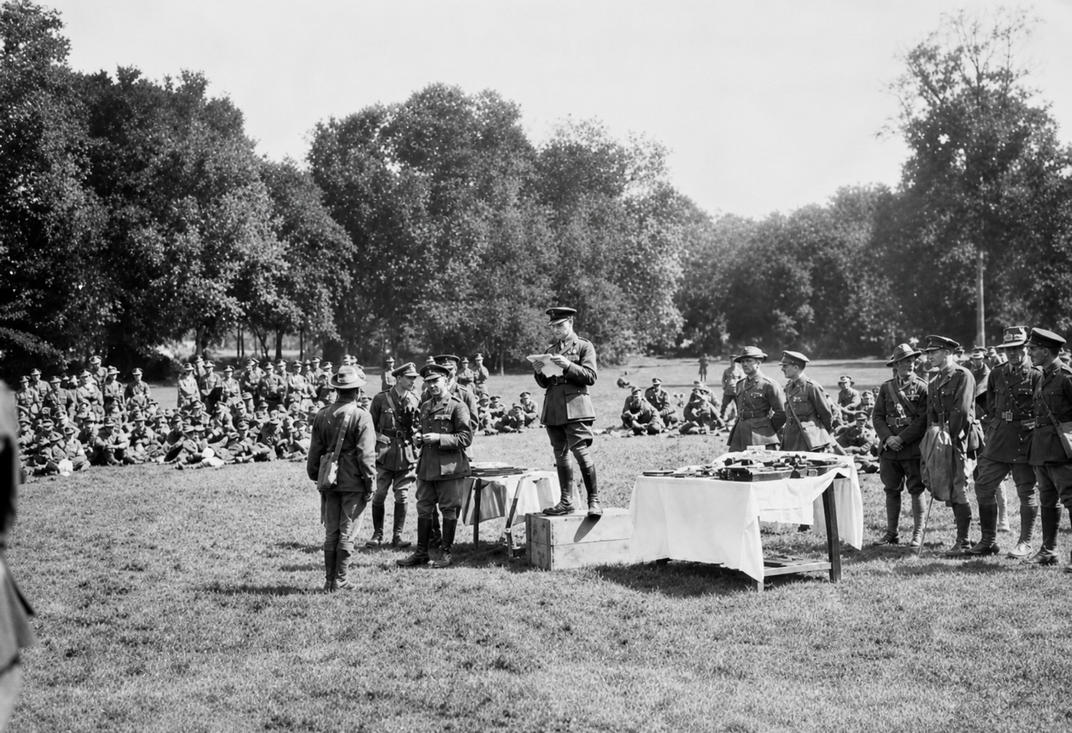 John Monash presents decorations to soldiers as other men watch beneath trees.