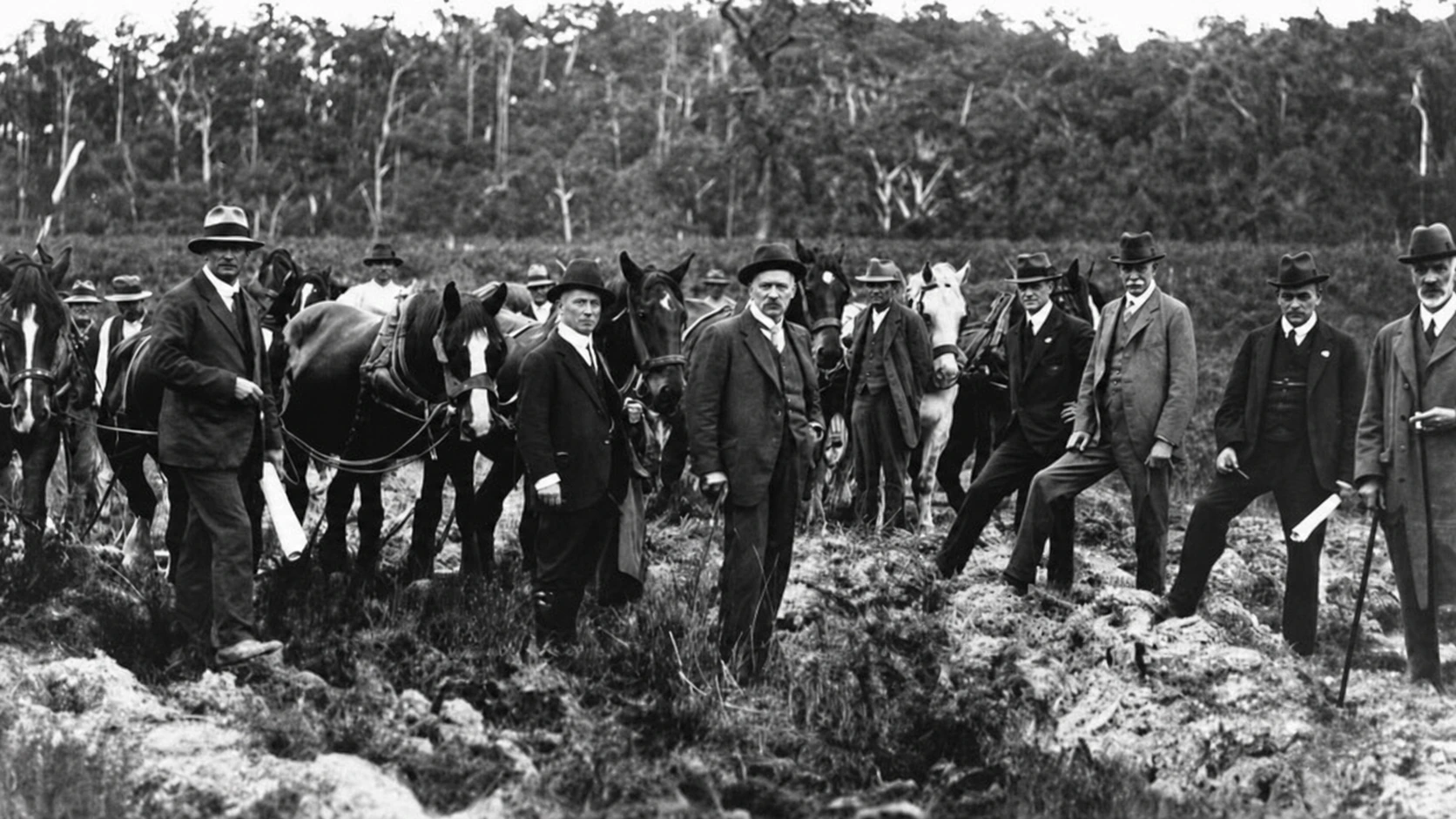 Restored black-and-white photograph of workers and officials gathered around horse-drawn earthmoving equipment at the first-sod ceremony for Yallourn A Power Station in February 1921.