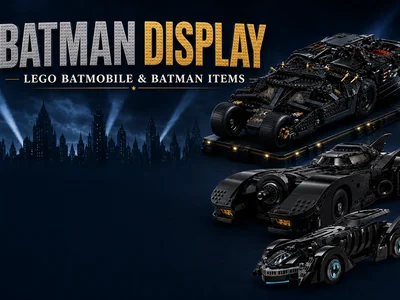 A display of detailed LEGO Batmobile models including the Tumbler and classic 1989 Batmobile arranged against a dark Gotham-themed backdrop.