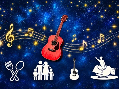 Starry navy artwork with a red guitar and food, family, music and bucking-bull icons.