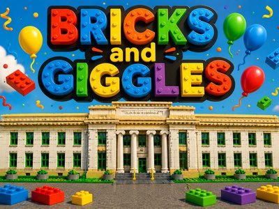 Children and adults gathered around tables covered in colourful LEGO bricks, happily building creations together at a community event.