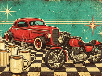 Illustrated red classic car, motorcycle and coffee cups on a teal background.