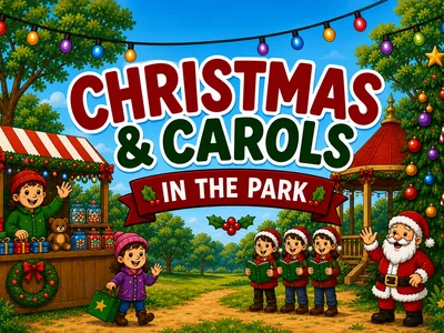 Families gathered in a park at dusk singing Christmas carols, with fairy lights and market stalls in the background.