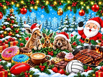Festive source-inspired illustration with Christmas decorations, food and football/netball motifs; not venue photography.