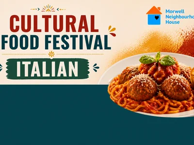 A vibrant spread of multicultural dishes including Filipino skewers, Sudanese stew, Rohingya rice and Italian pasta on a decorated table.