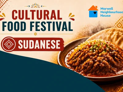 A vibrant spread of multicultural dishes including Filipino skewers, Sudanese stew, Rohingya rice and Italian pasta on a decorated table.