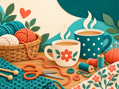 Text-free craft illustration with wool, sewing supplies and two cups of tea; not a documentary photograph.