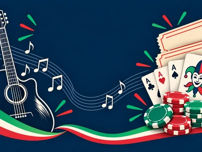 Illustrated guitar, musical notes, raffle tickets and playing cards.